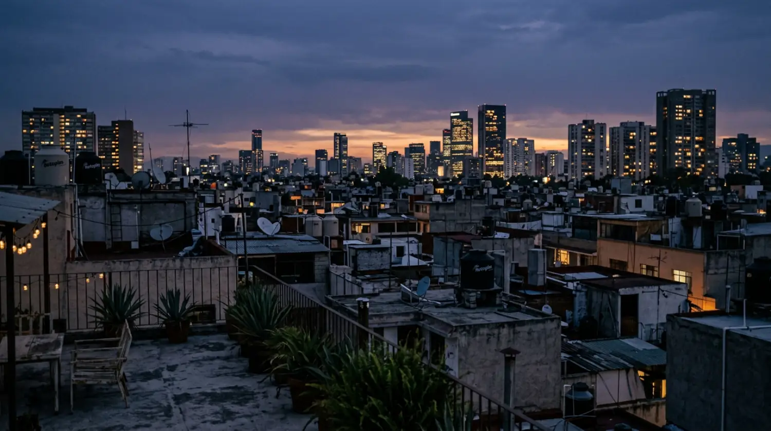 Mexico City rooftops at dusk with distant apartment towers and lit windows