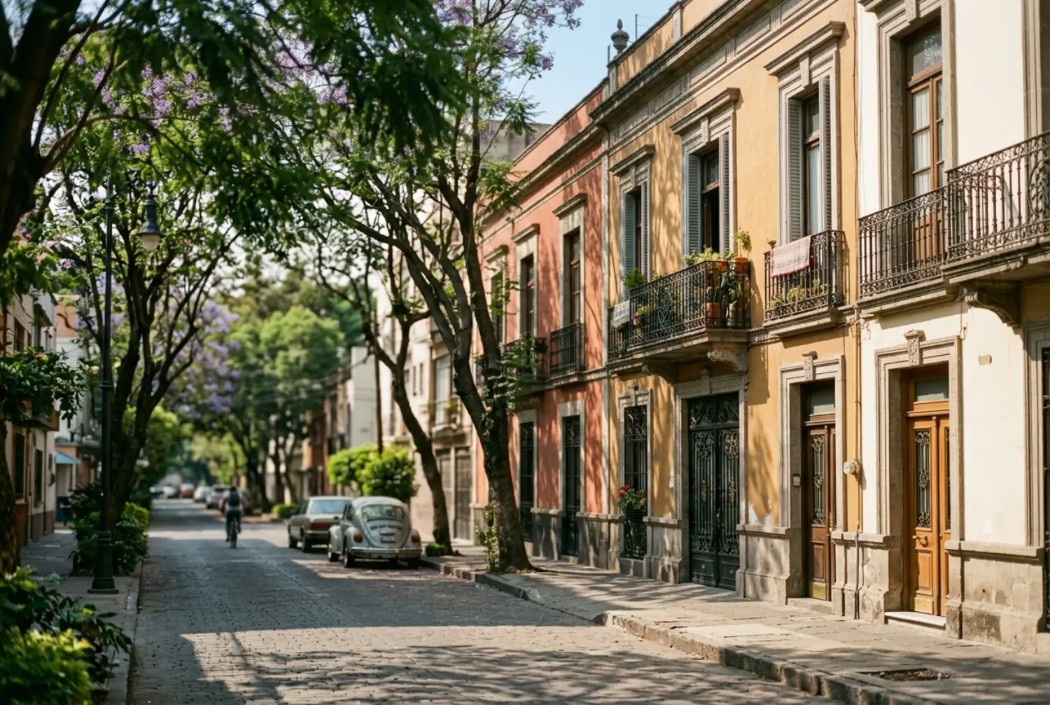 Early-1900s apartment buildings with wrought-iron balconies on a jacaranda-lined street in Roma Norte, Mexico City