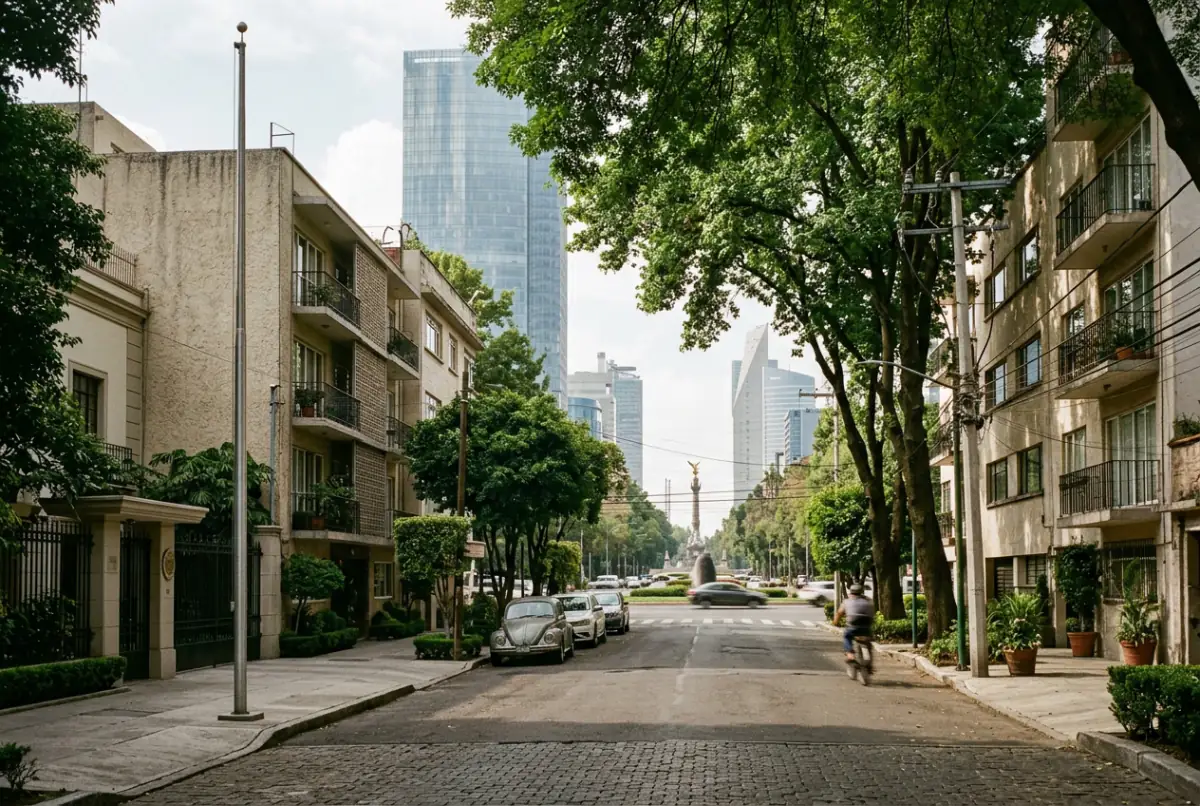 Tree-lined street in Colonia Cuauhtémoc opening onto Paseo de la Reforma and its towers
