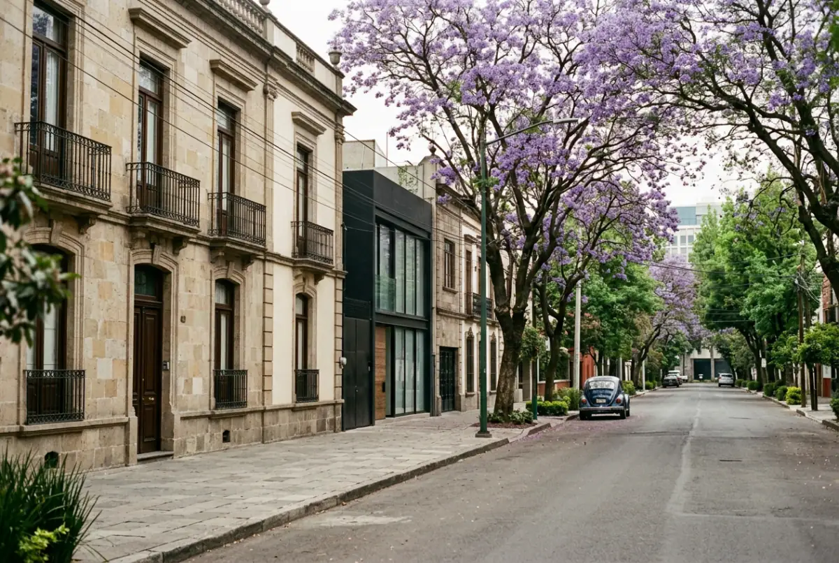 Quiet residential block of restored stone townhouses under blooming jacarandas in Colonia Juárez