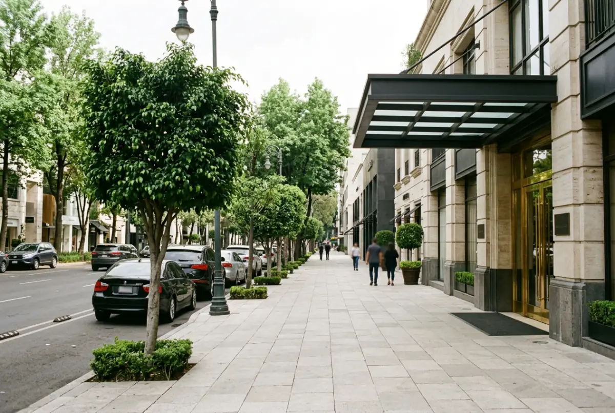 Wide tree-lined sidewalk with stone-faced storefronts and a doorman canopy on Presidente Masaryk in Polanco