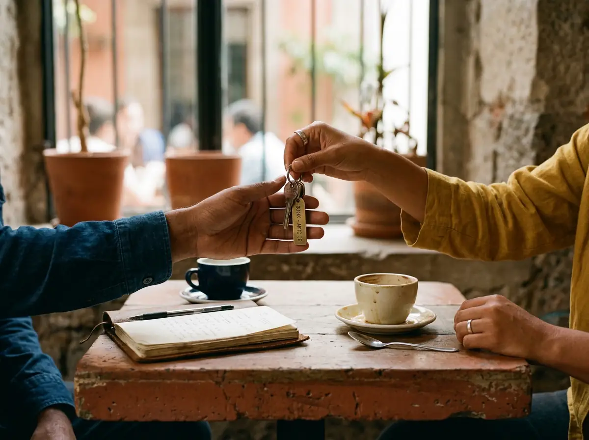 Apartment keys passed across a cafe table in Mexico City